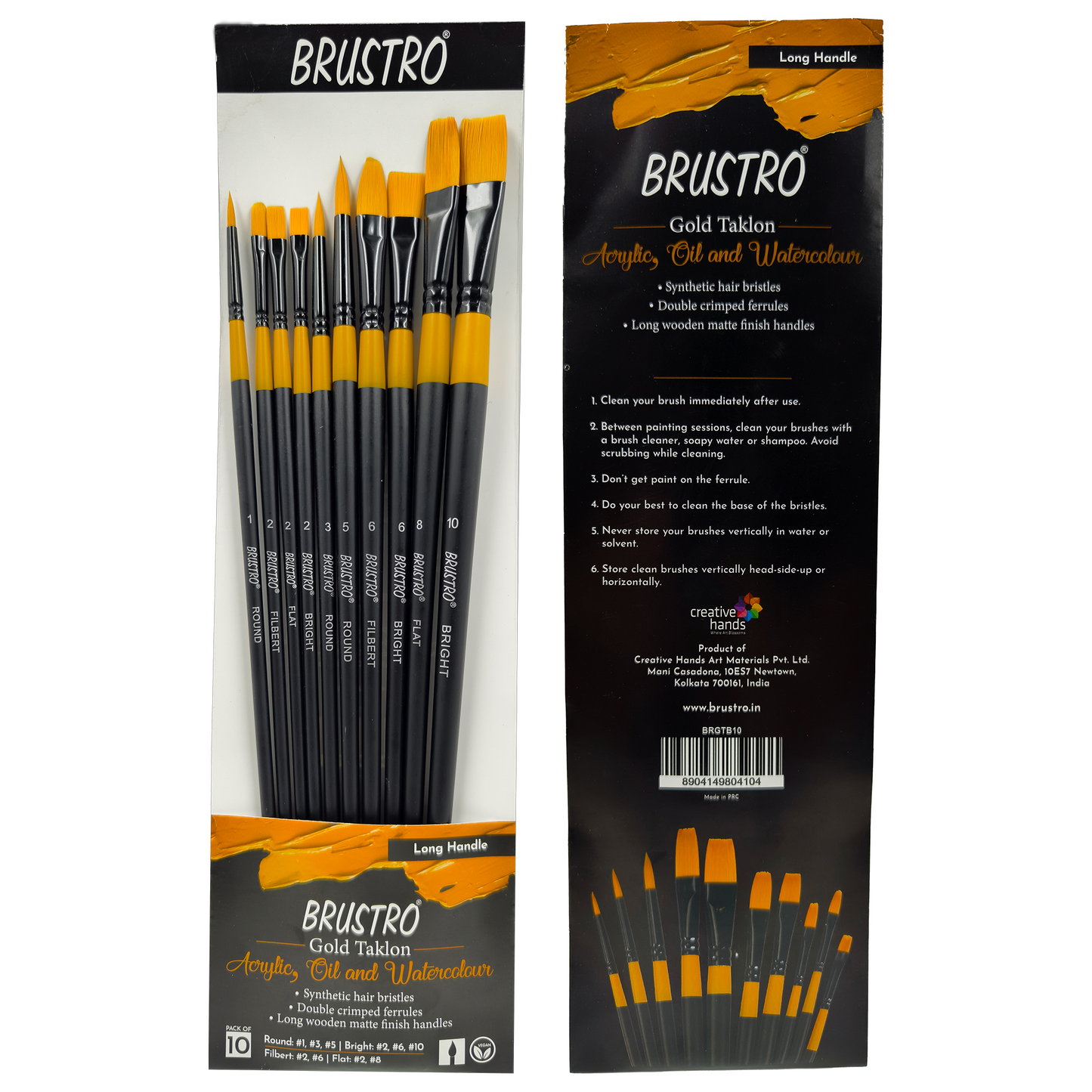 BRUSTRO Artists Gold Taklon Brushes Set of 10| long handle, Bright, Filbert, Flat, Round
