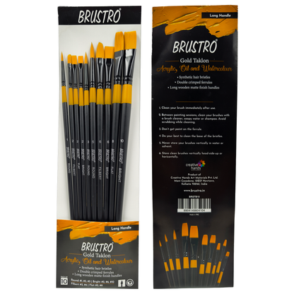 BRUSTRO Artists Gold Taklon Brushes Set of 10| long handle, Bright, Filbert, Flat, Round