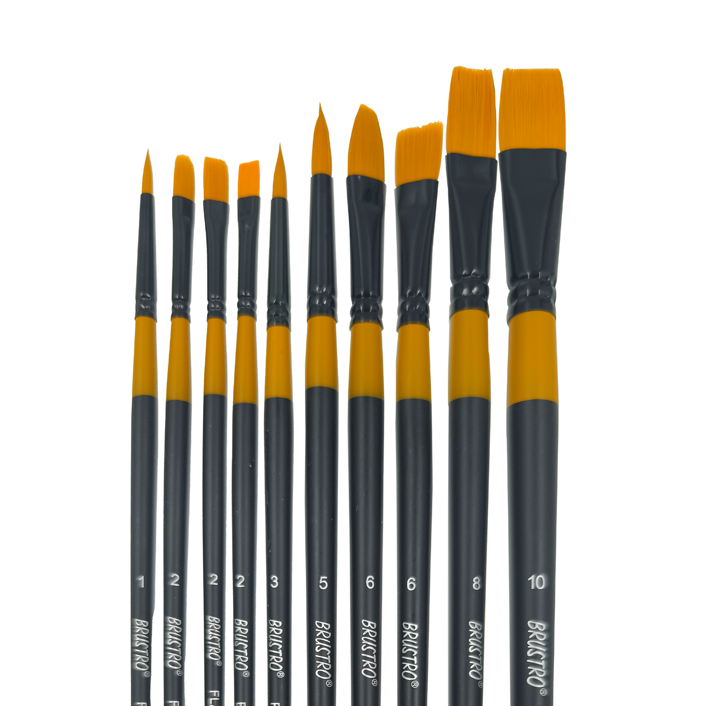 BRUSTRO Artists Gold Taklon Brushes Set of 10| long handle, Bright, Filbert, Flat, Round