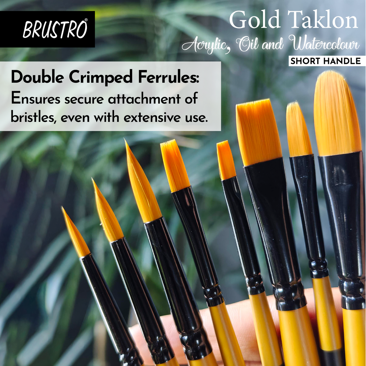 BRUSTRO Gold Taklon Artist Brush | Set of 8 |Sizes - Round (1,3,5), Bright (2,6), Filbert (2,6), and Flat (2)