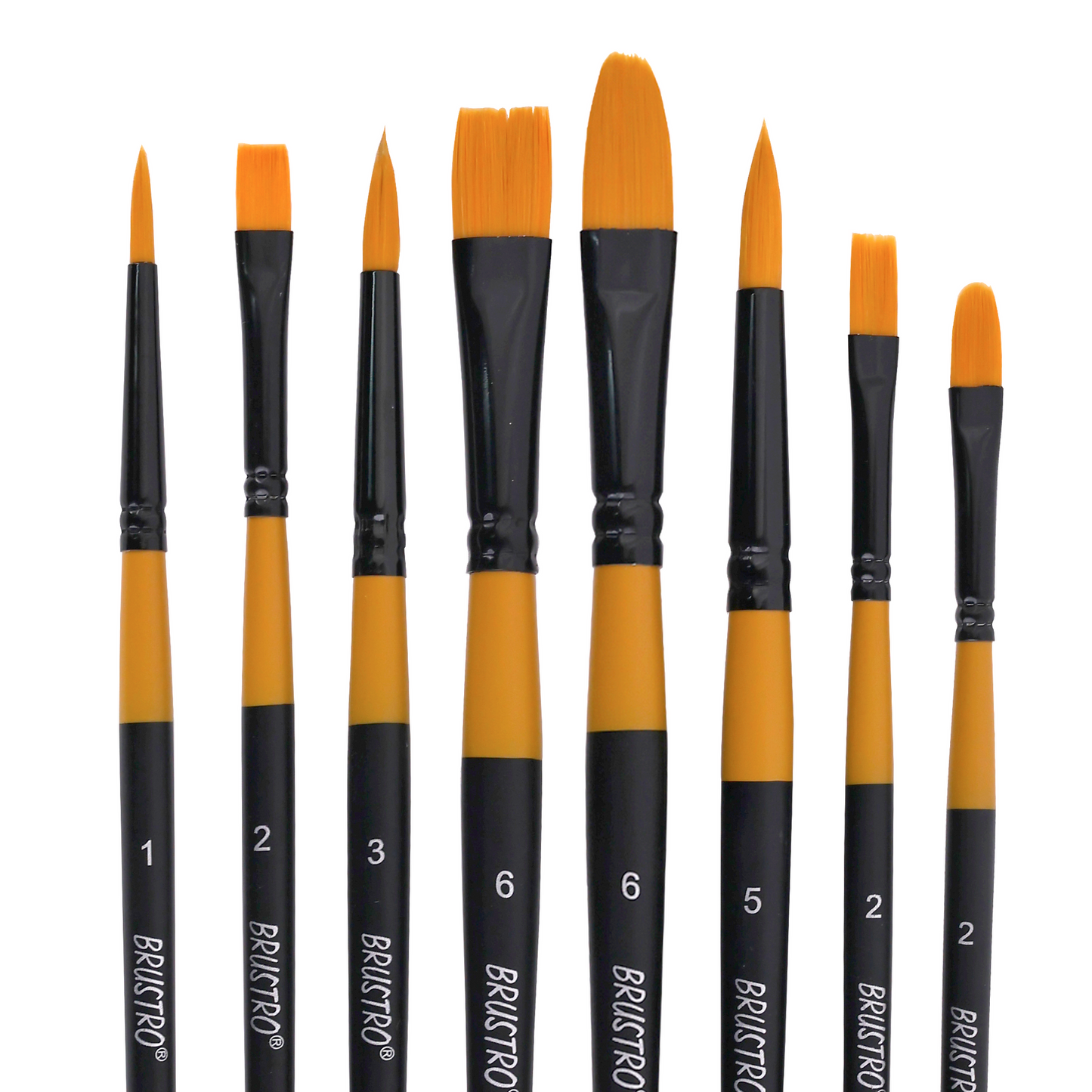 BRUSTRO Gold Taklon Artist Brush | Set of 8 |Sizes - Round (1,3,5), Bright (2,6), Filbert (2,6), and Flat (2)