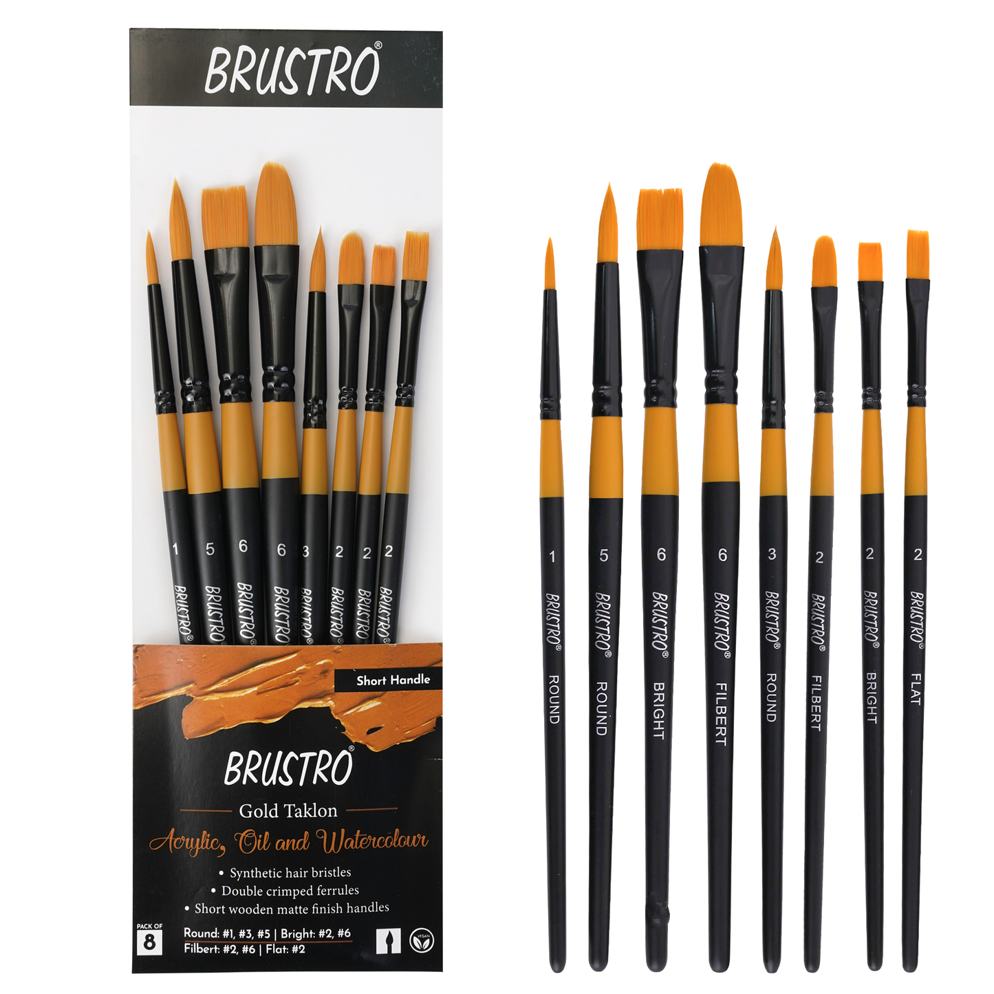 BRUSTRO Gold Taklon Artist Brush | Set of 8 |Sizes - Round (1,3,5), Bright (2,6), Filbert (2,6), and Flat (2)