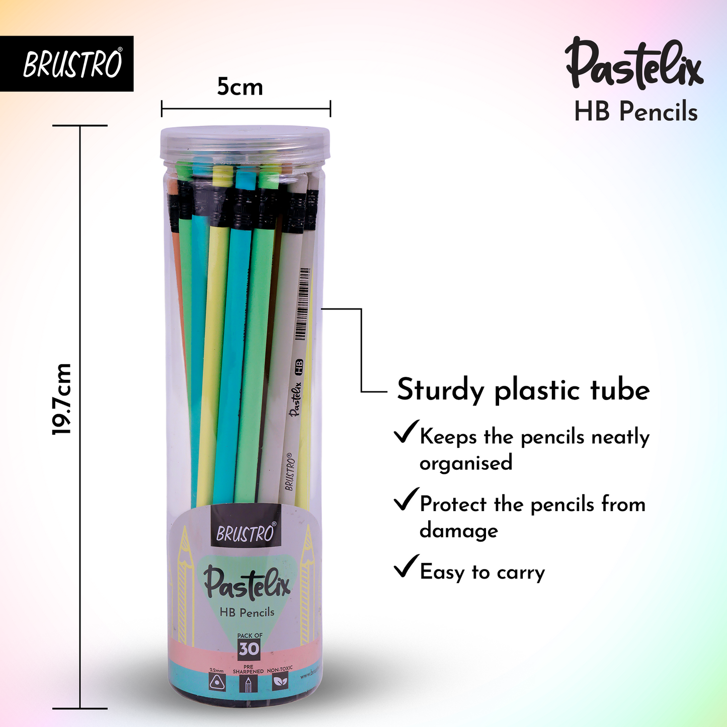 Brustro Pastelix HB Pencils|Pack of 30 (5 Colours x 6 Pencils), 2.2mm Lead With Latex free Rubber,Pre-Sharpened