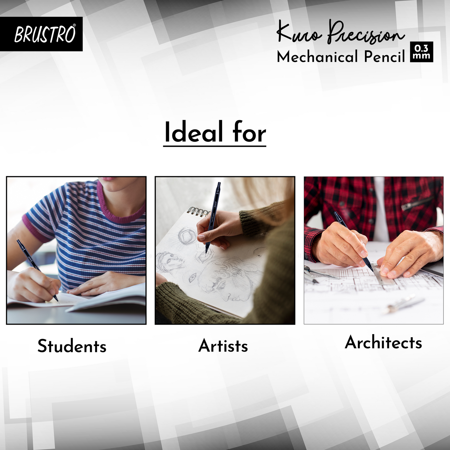 Brustro Kuro Precision Mechanical Pencil | Tip Size - 0.3mm With 20 - HB and 20 - 2B leads , 3 Eraser Refills