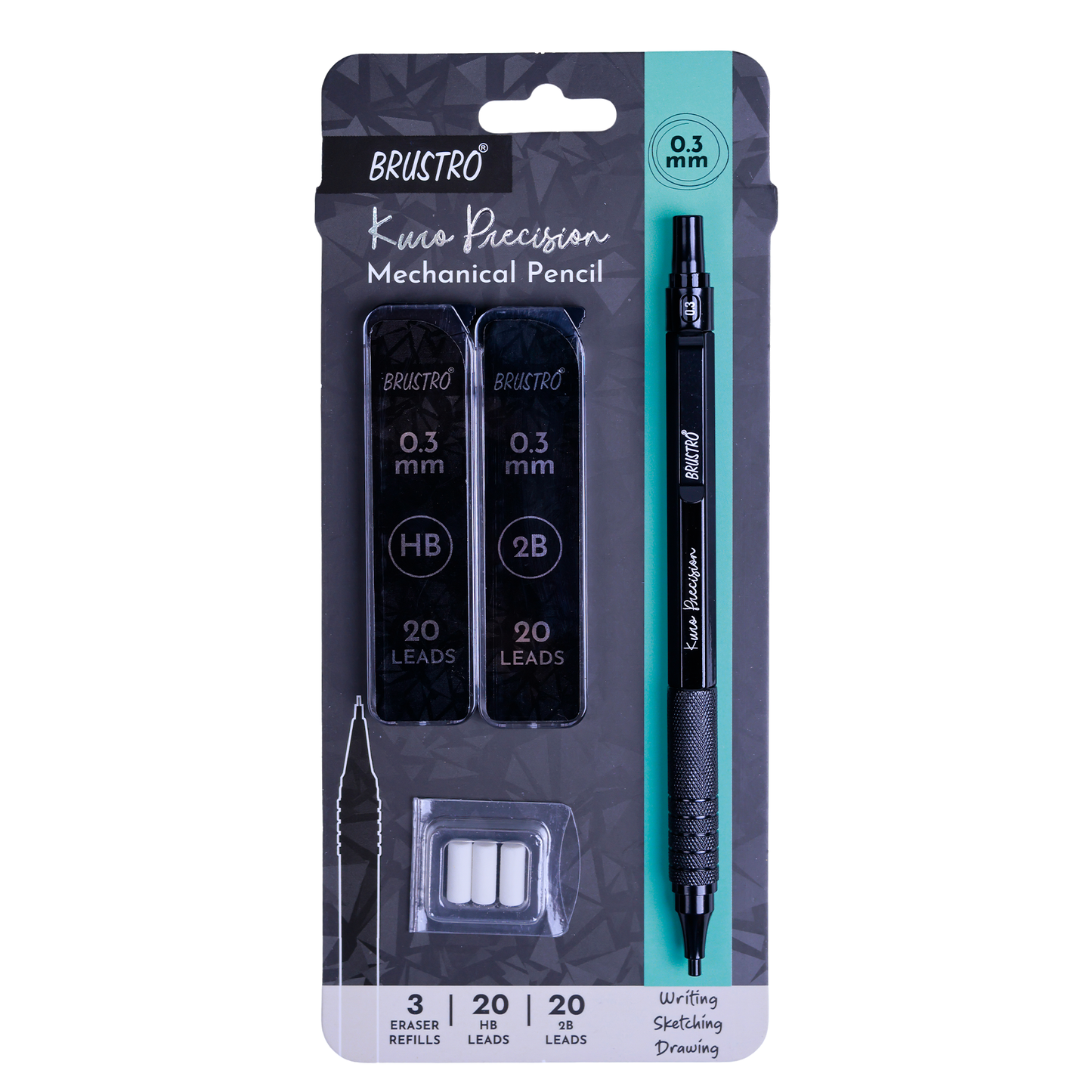 Brustro Kuro Precision Mechanical Pencil | Tip Size - 0.3mm With 20 - HB and 20 - 2B leads , 3 Eraser Refills