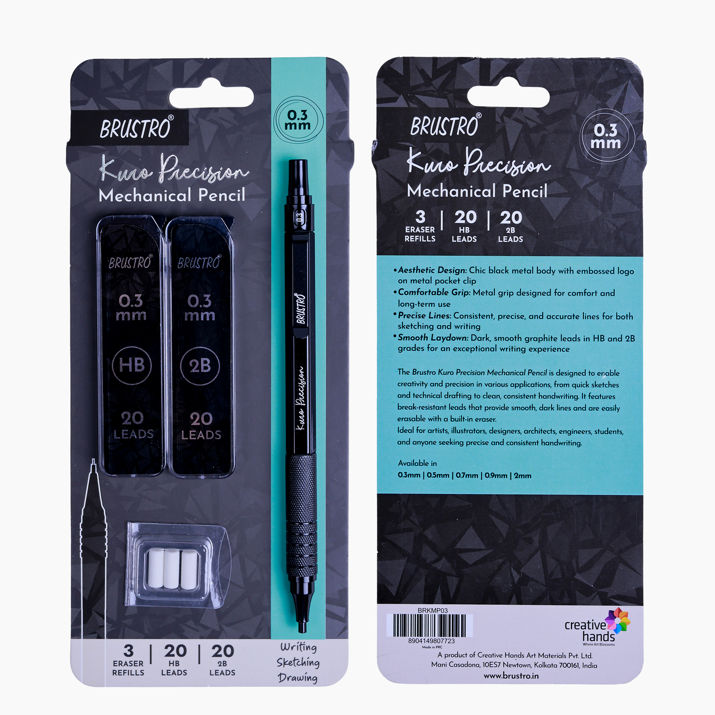 Brustro Kuro Precision Mechanical Pencil | Tip Size - 0.3mm With 20 - HB and 20 - 2B leads , 3 Eraser Refills