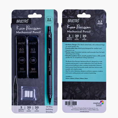 Brustro Kuro Precision Mechanical Pencil | Tip Size - 0.3mm With 20 - HB and 20 - 2B leads , 3 Eraser Refills