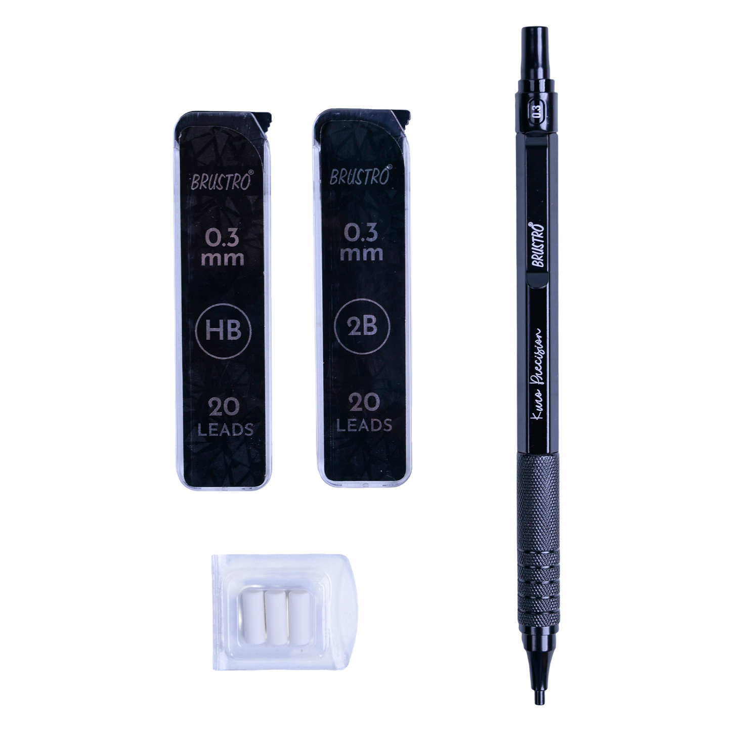 Brustro Kuro Precision Mechanical Pencil | Tip Size - 0.3mm With 20 - HB and 20 - 2B leads , 3 Eraser Refills