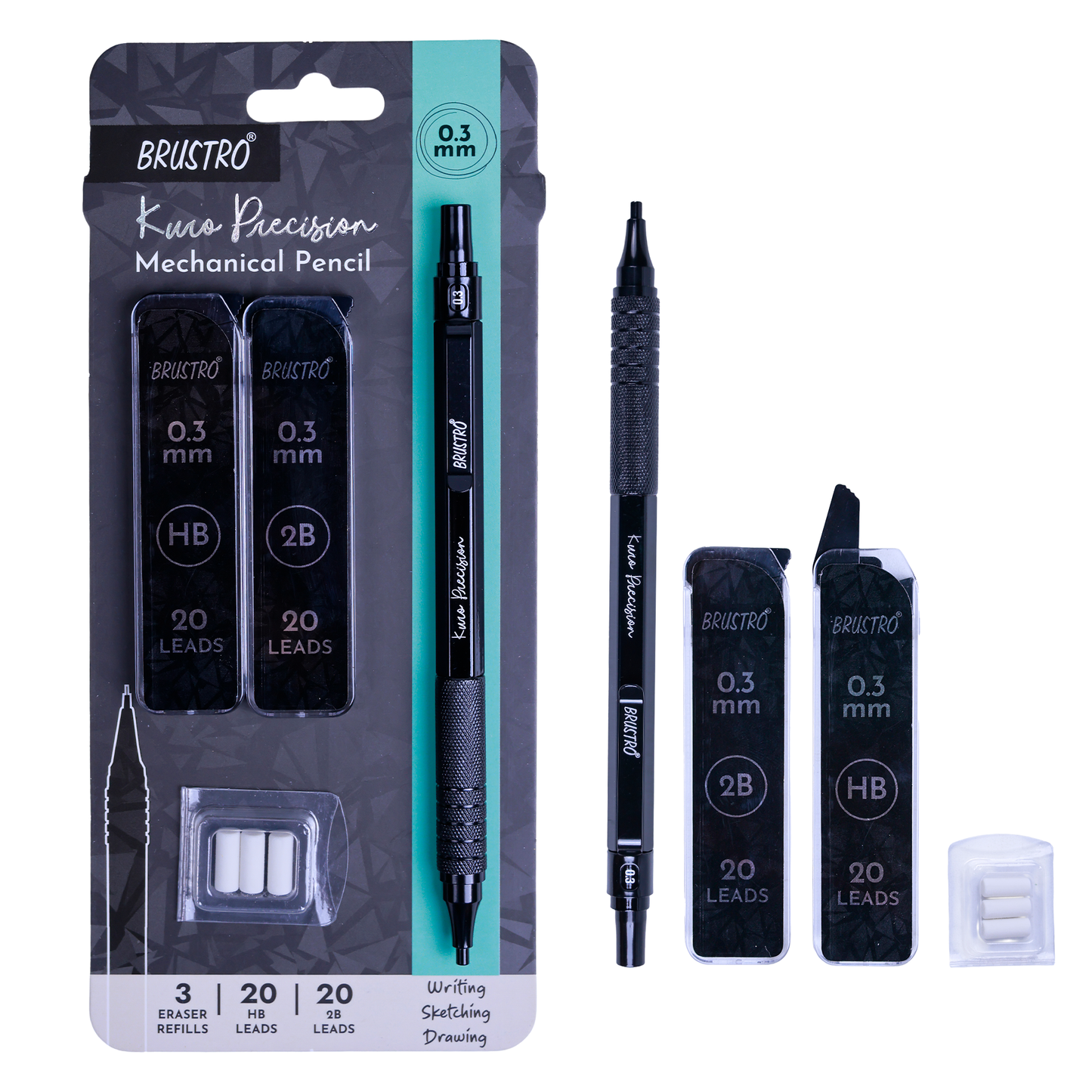 Brustro Kuro Precision Mechanical Pencil | Tip Size - 0.3mm With 20 - HB and 20 - 2B leads , 3 Eraser Refills