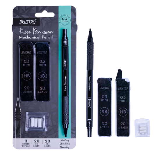 Brustro Kuro Precision Mechanical Pencil | Tip Size - 0.3mm With 20 - HB and 20 - 2B leads , 3 Eraser Refills