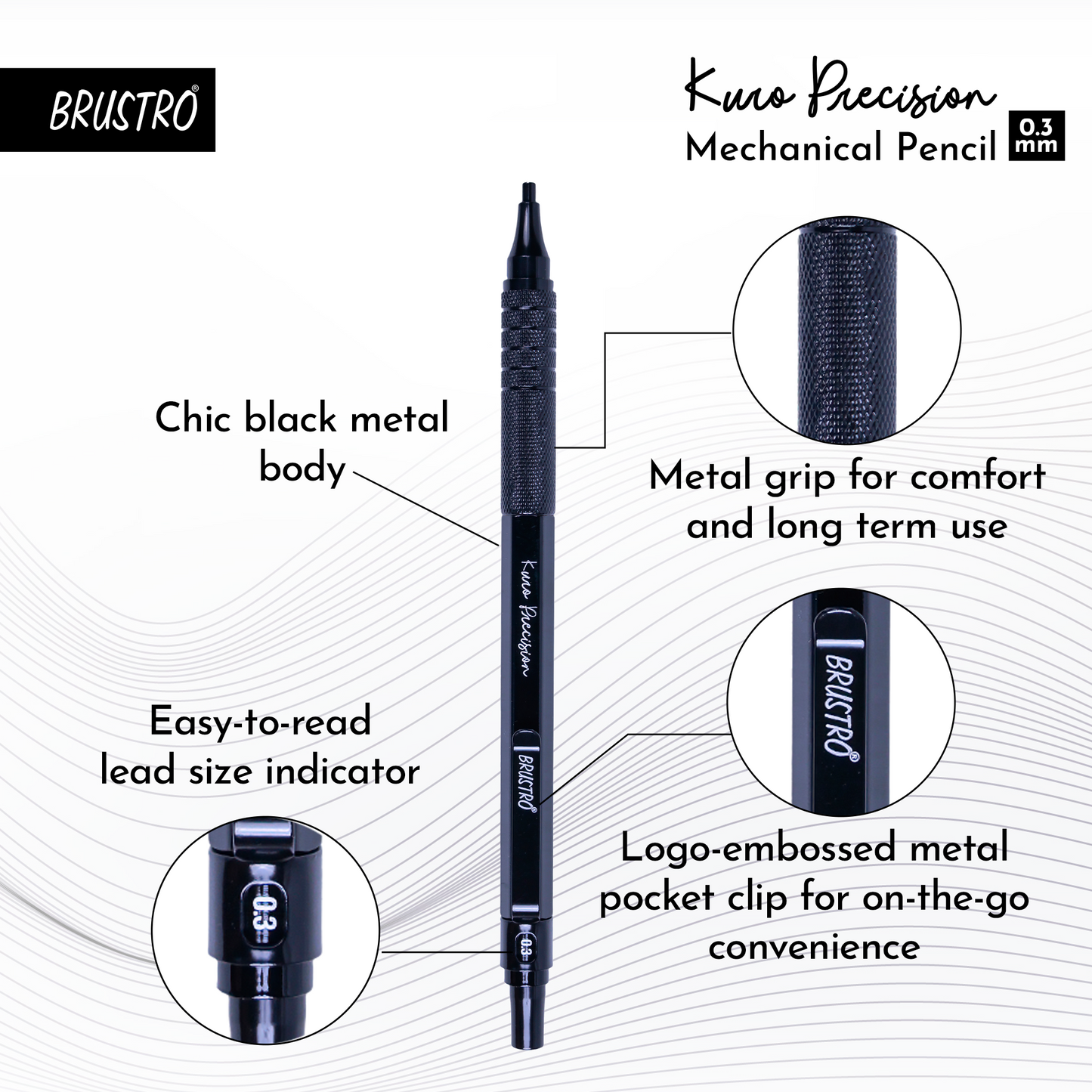 Brustro Kuro Precision Mechanical Pencil | Tip Size - 0.3mm With 20 - HB and 20 - 2B leads , 3 Eraser Refills