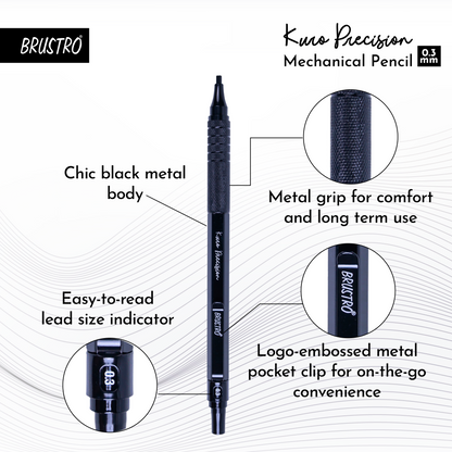 Brustro Kuro Precision Mechanical Pencil | Tip Size - 0.3mm With 20 - HB and 20 - 2B leads , 3 Eraser Refills