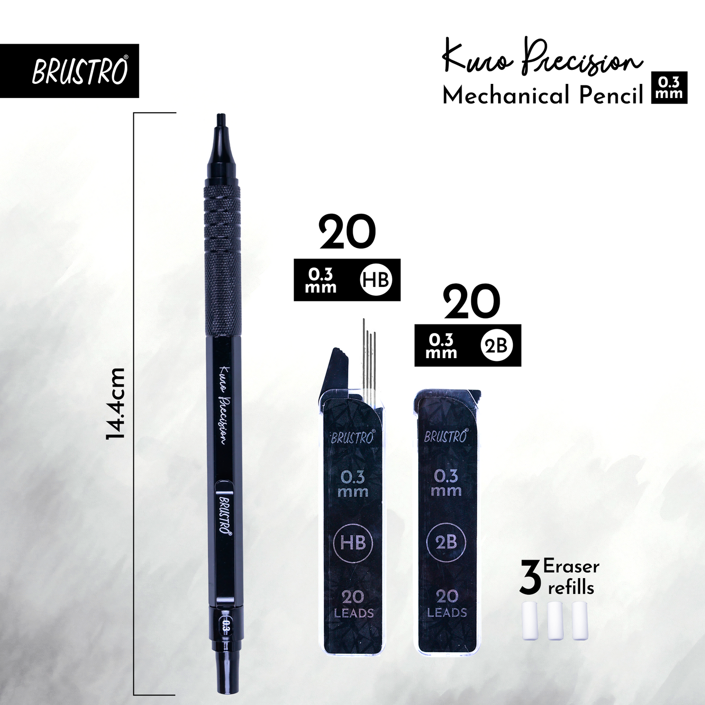Brustro Kuro Precision Mechanical Pencil | Tip Size - 0.3mm With 20 - HB and 20 - 2B leads , 3 Eraser Refills