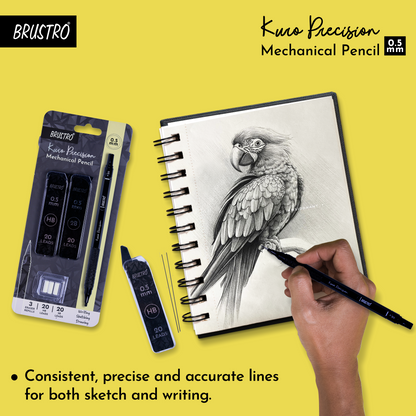 Brustro Kuro Precision Mechanical Pencil | Tip Size - 0.5mm With 20 - HB and 20 - 2B leads , 3 Eraser Refills