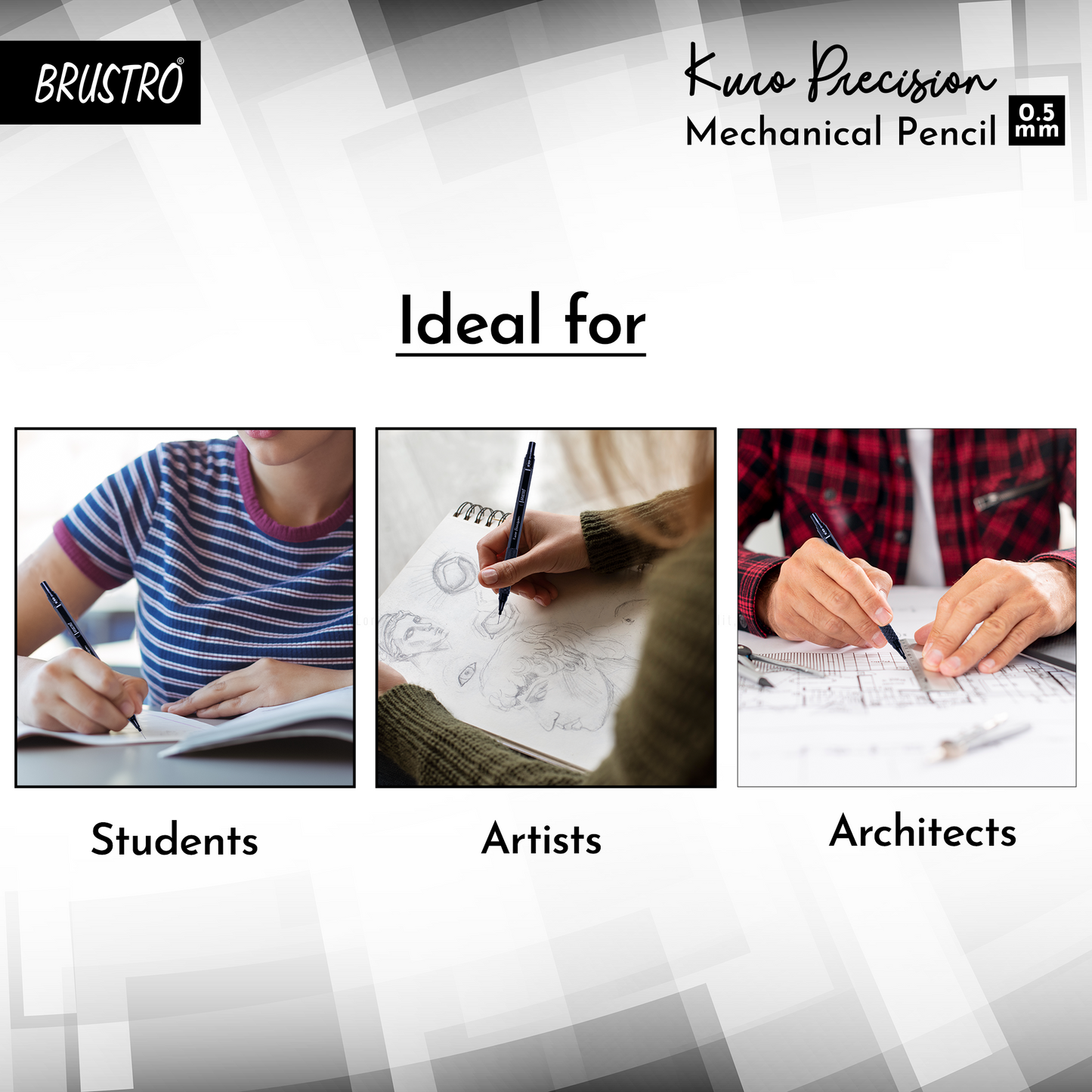 Brustro Kuro Precision Mechanical Pencil | Tip Size - 0.5mm With 20 - HB and 20 - 2B leads , 3 Eraser Refills
