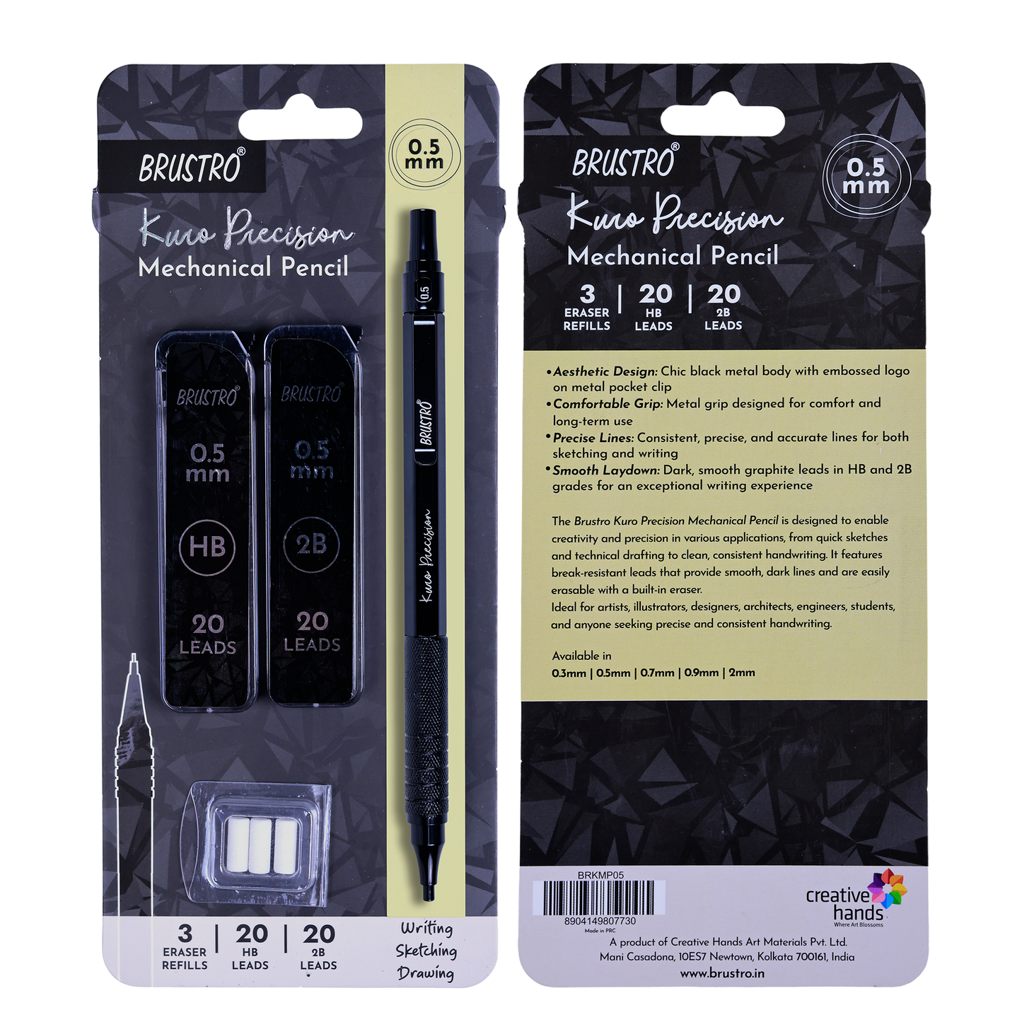 Brustro Kuro Precision Mechanical Pencil | Tip Size - 0.5mm With 20 - HB and 20 - 2B leads , 3 Eraser Refills