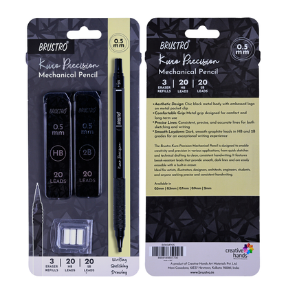 Brustro Kuro Precision Mechanical Pencil | Tip Size - 0.5mm With 20 - HB and 20 - 2B leads , 3 Eraser Refills