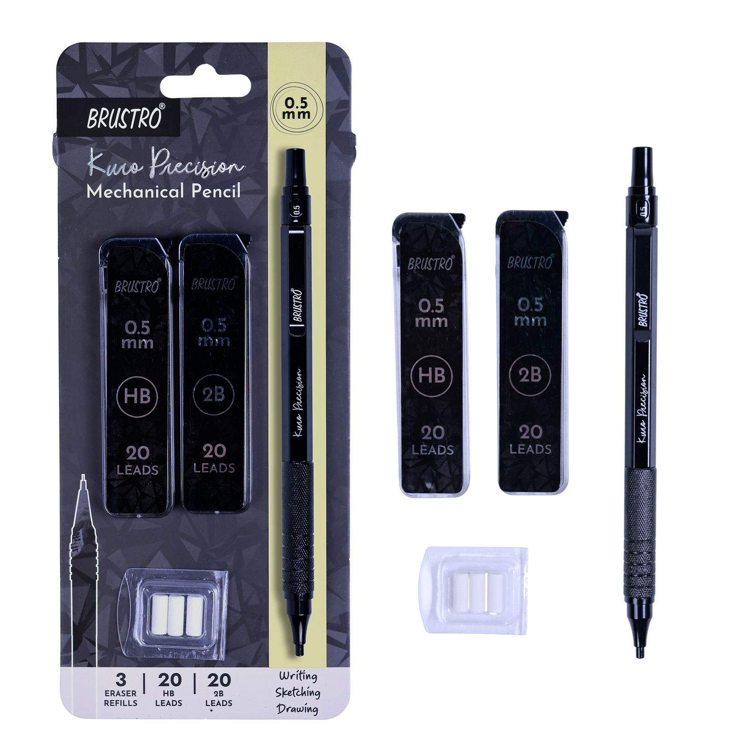 Brustro Kuro Precision Mechanical Pencil | Tip Size - 0.5mm With 20 - HB and 20 - 2B leads , 3 Eraser Refills