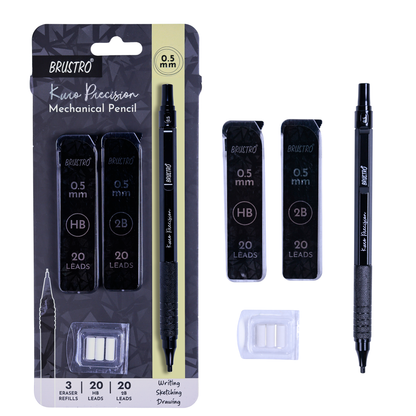 Brustro Kuro Precision Mechanical Pencil | Tip Size - 0.5mm With 20 - HB and 20 - 2B leads , 3 Eraser Refills