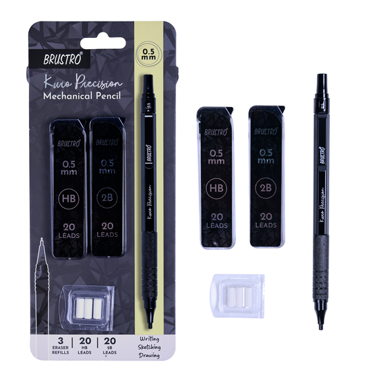 Brustro Kuro Precision Mechanical Pencil | Tip Size - 0.5mm With 20 - HB and 20 - 2B leads , 3 Eraser Refills
