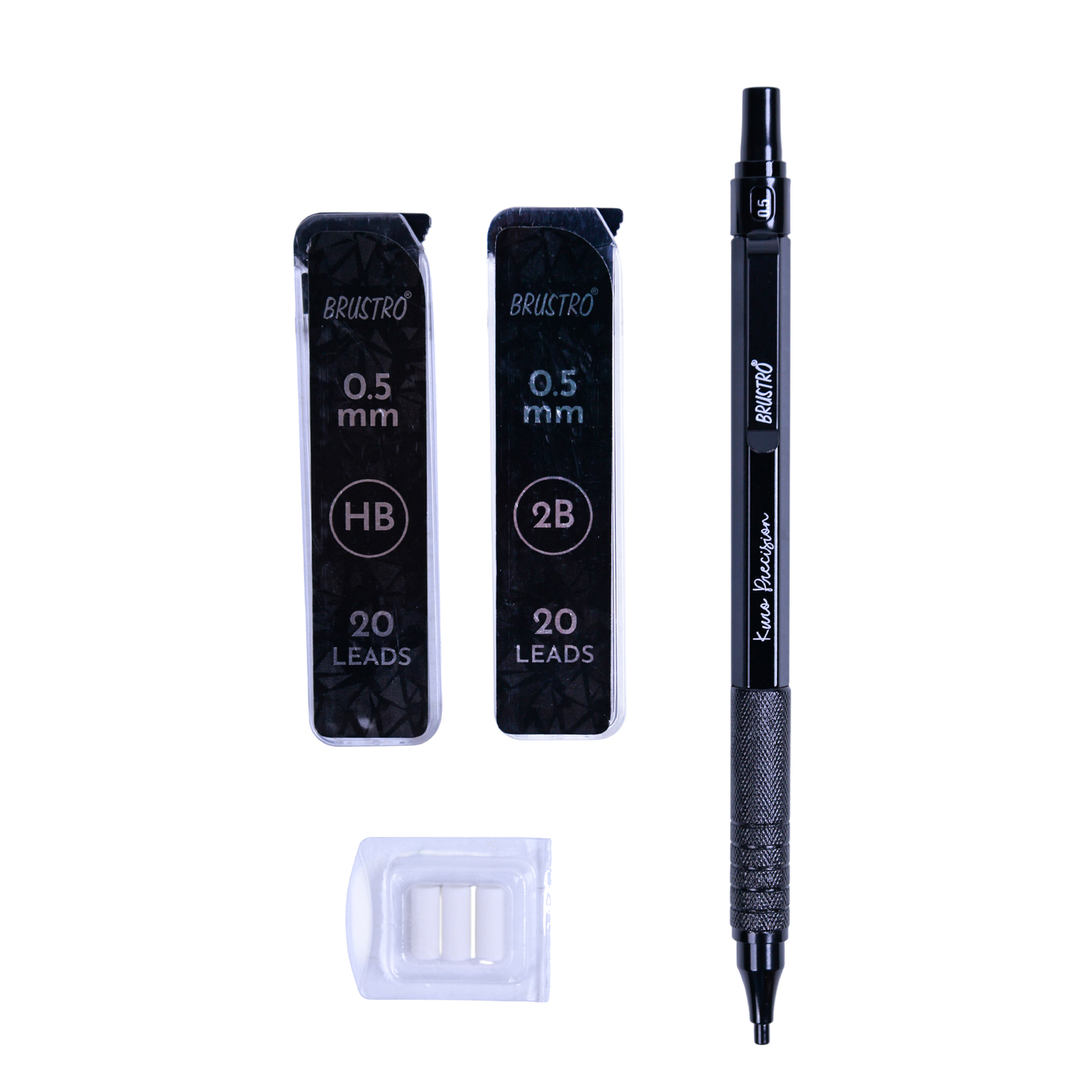 Brustro Kuro Precision Mechanical Pencil | Tip Size - 0.5mm With 20 - HB and 20 - 2B leads , 3 Eraser Refills