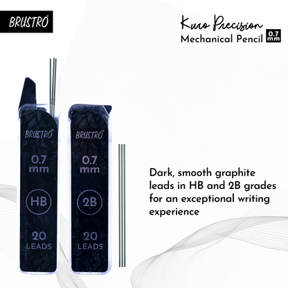 Brustro Kuro Precision Mechanical Pencil | Tip Size - 0.7mm With 20 - HB and 20 - 2B leads , 3 Eraser Refills