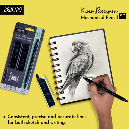 Brustro Kuro Precision Mechanical Pencil | Tip Size - 0.7mm With 20 - HB and 20 - 2B leads , 3 Eraser Refills