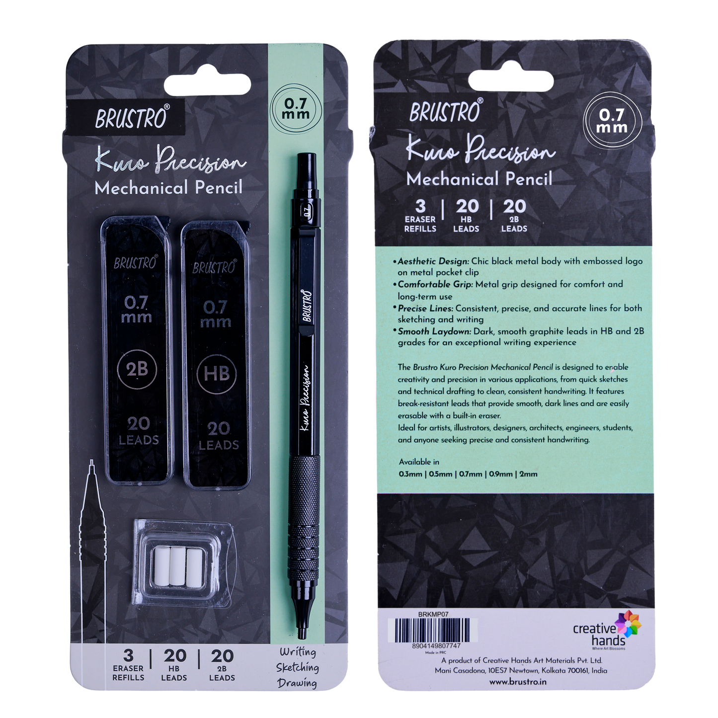 Brustro Kuro Precision Mechanical Pencil | Tip Size - 0.7mm With 20 - HB and 20 - 2B leads , 3 Eraser Refills