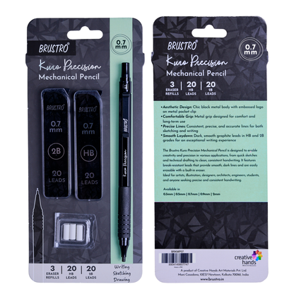Brustro Kuro Precision Mechanical Pencil | Tip Size - 0.7mm With 20 - HB and 20 - 2B leads , 3 Eraser Refills