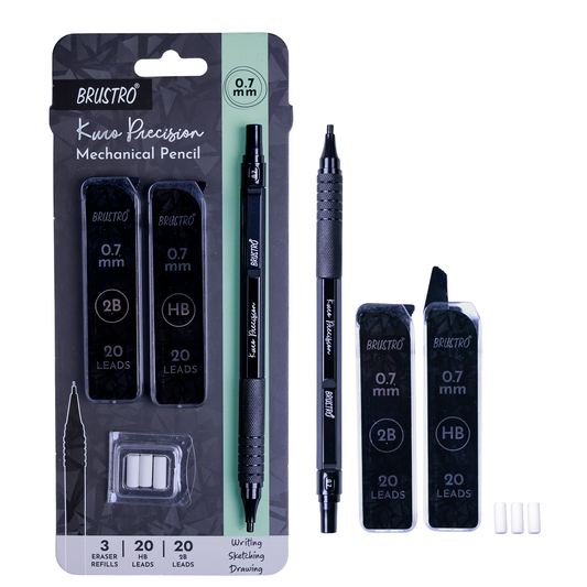 Brustro Kuro Precision Mechanical Pencil | Tip Size - 0.7mm With 20 - HB and 20 - 2B leads , 3 Eraser Refills