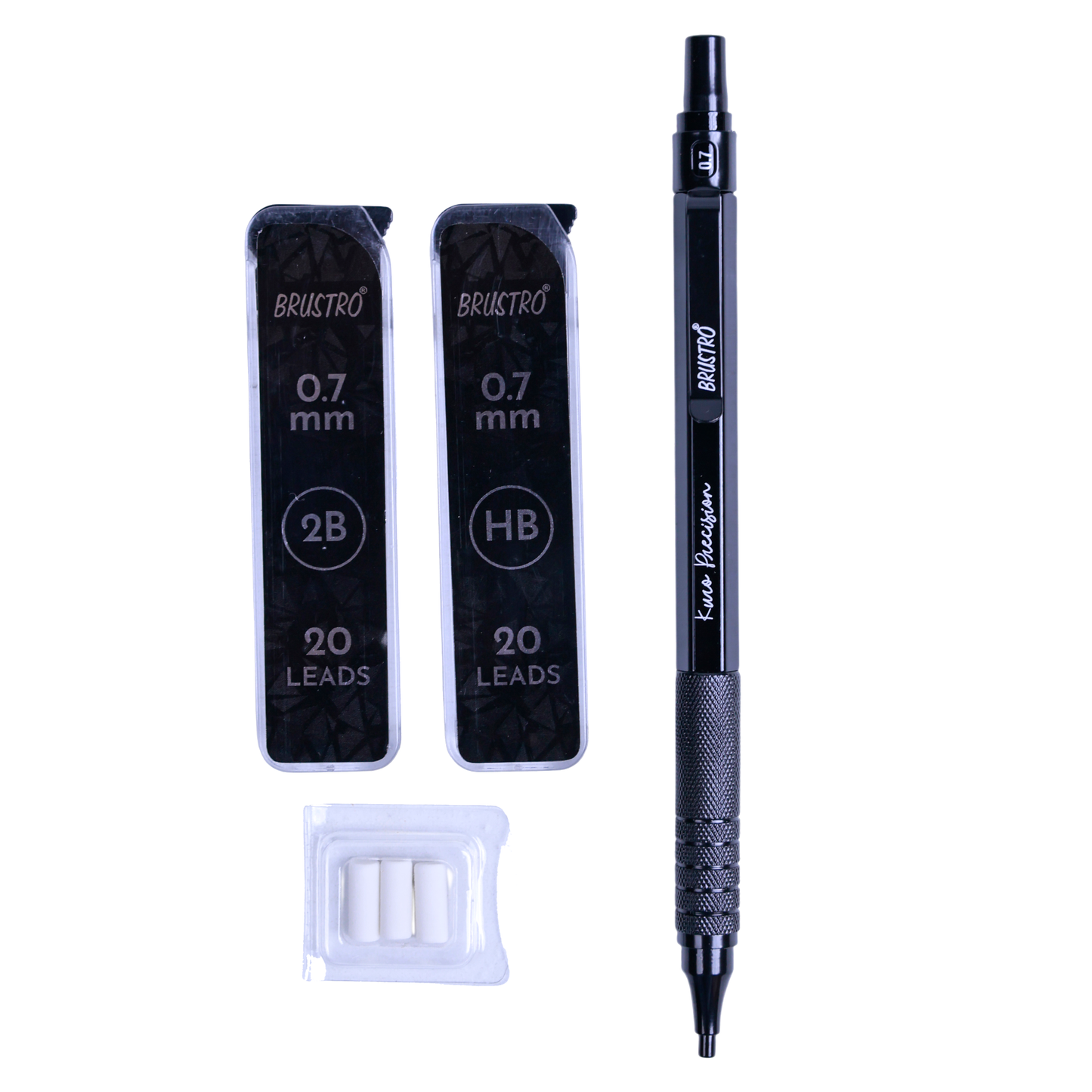 Brustro Kuro Precision Mechanical Pencil | Tip Size - 0.7mm With 20 - HB and 20 - 2B leads , 3 Eraser Refills