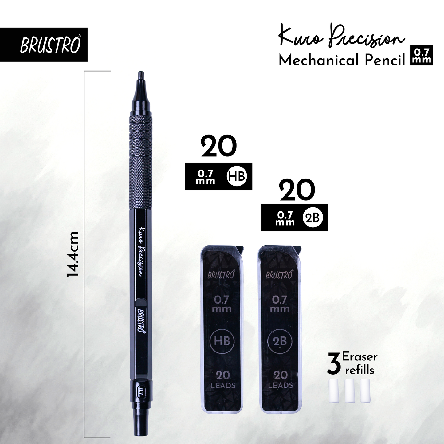 Brustro Kuro Precision Mechanical Pencil | Tip Size - 0.7mm With 20 - HB and 20 - 2B leads , 3 Eraser Refills