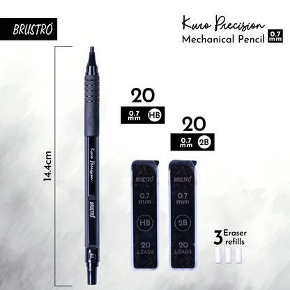 Brustro Kuro Precision Mechanical Pencil | Tip Size - 0.7mm With 20 - HB and 20 - 2B leads , 3 Eraser Refills