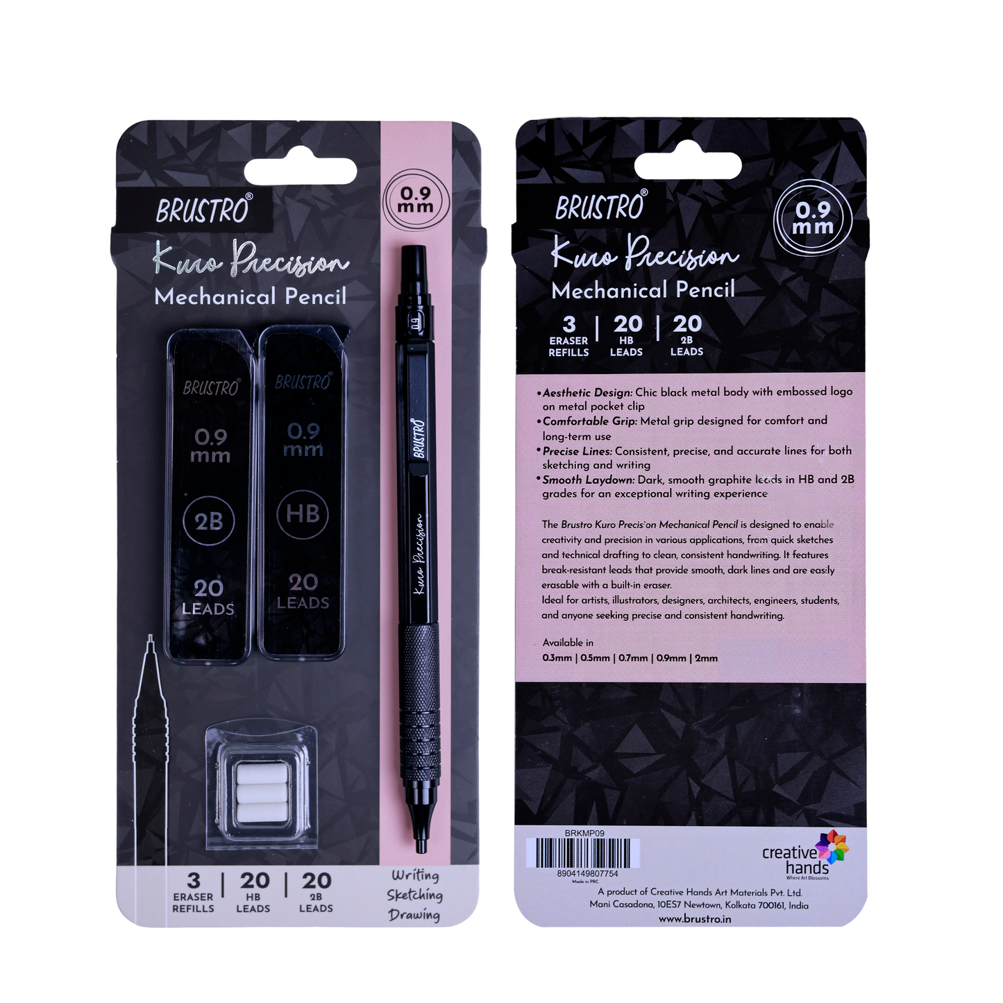 Brustro Kuro Precision Mechanical Pencil | Tip Size - 0.9mm With 20 - HB and 20 - 2B leads , 3 Eraser Refills