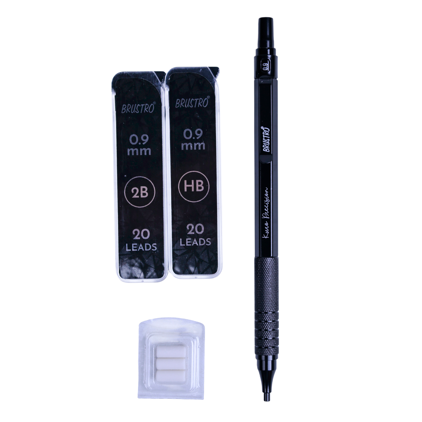 Brustro Kuro Precision Mechanical Pencil | Tip Size - 0.9mm With 20 - HB and 20 - 2B leads , 3 Eraser Refills