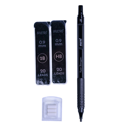 Brustro Kuro Precision Mechanical Pencil | Tip Size - 0.9mm With 20 - HB and 20 - 2B leads , 3 Eraser Refills