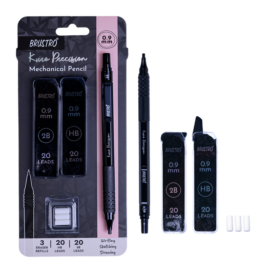 Brustro Kuro Precision Mechanical Pencil | Tip Size - 0.9mm With 20 - HB and 20 - 2B leads , 3 Eraser Refills
