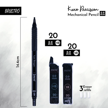 Brustro Kuro Precision Mechanical Pencil | Tip Size - 0.9mm With 20 - HB and 20 - 2B leads , 3 Eraser Refills