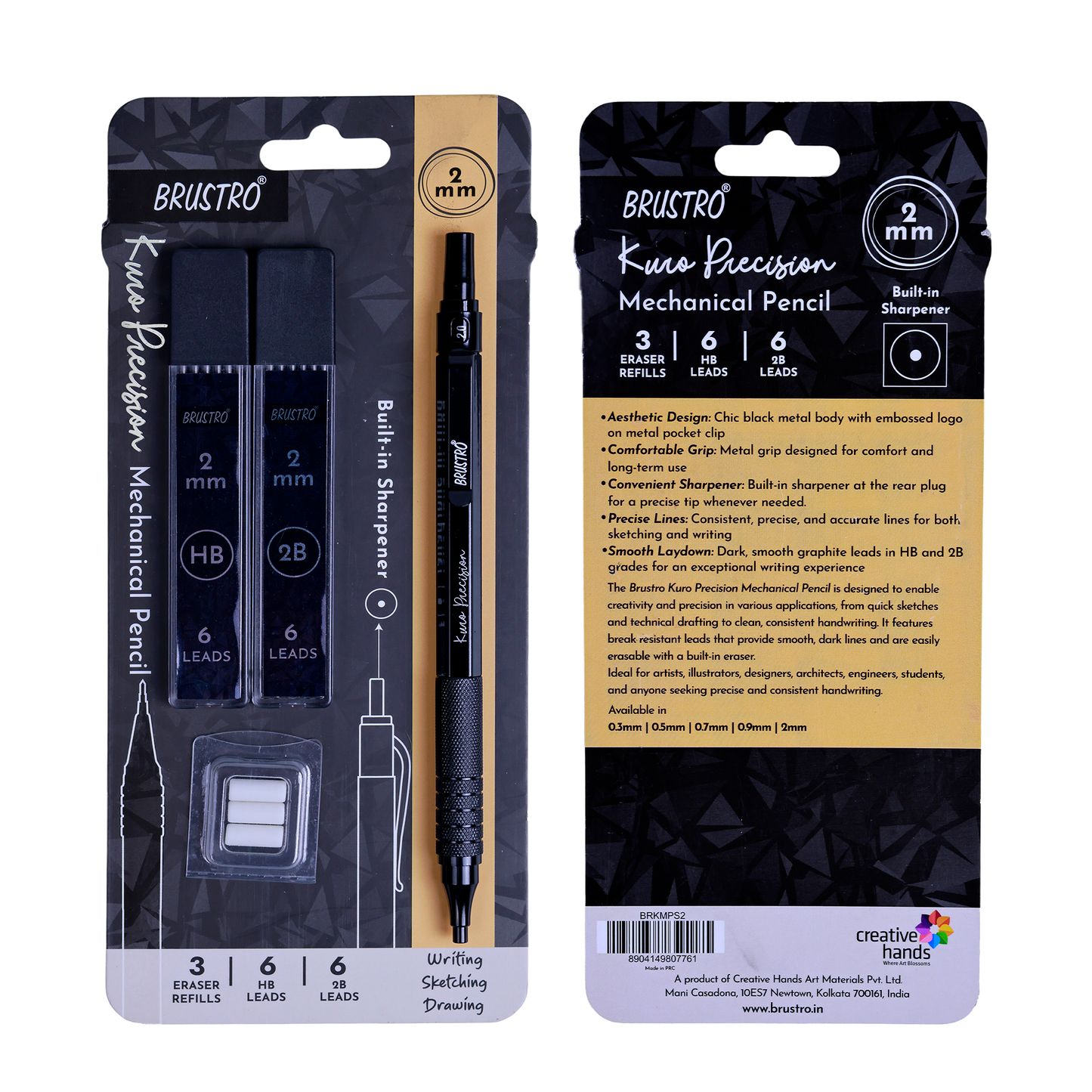Brustro Kuro Precision Mechanical Pencil |Tip Size- 2mm With 6- HB and 6- 2B Leads , Built-in-Sharpener, 3 Eraser Refill