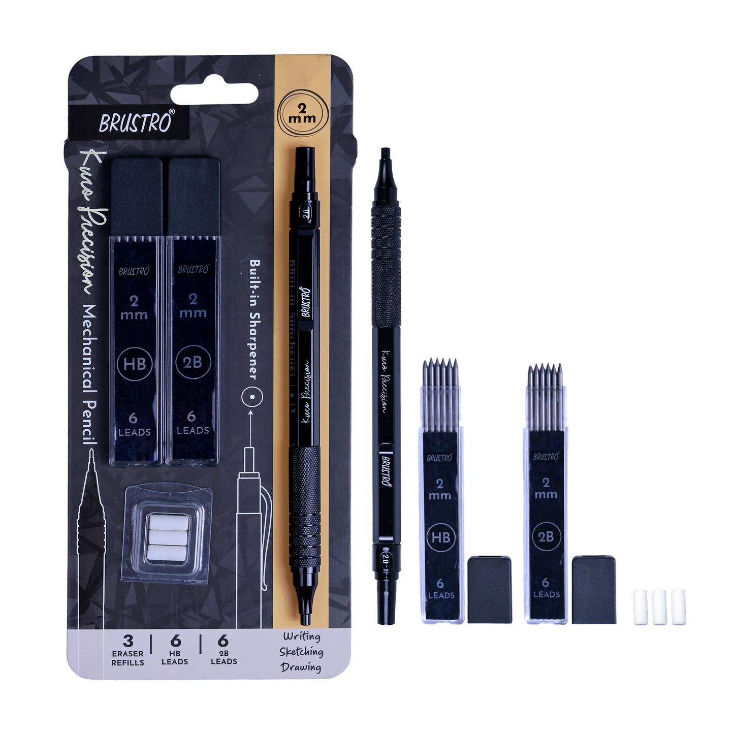 Brustro Kuro Precision Mechanical Pencil |Tip Size- 2mm With 6- HB and 6- 2B Leads , Built-in-Sharpener, 3 Eraser Refill