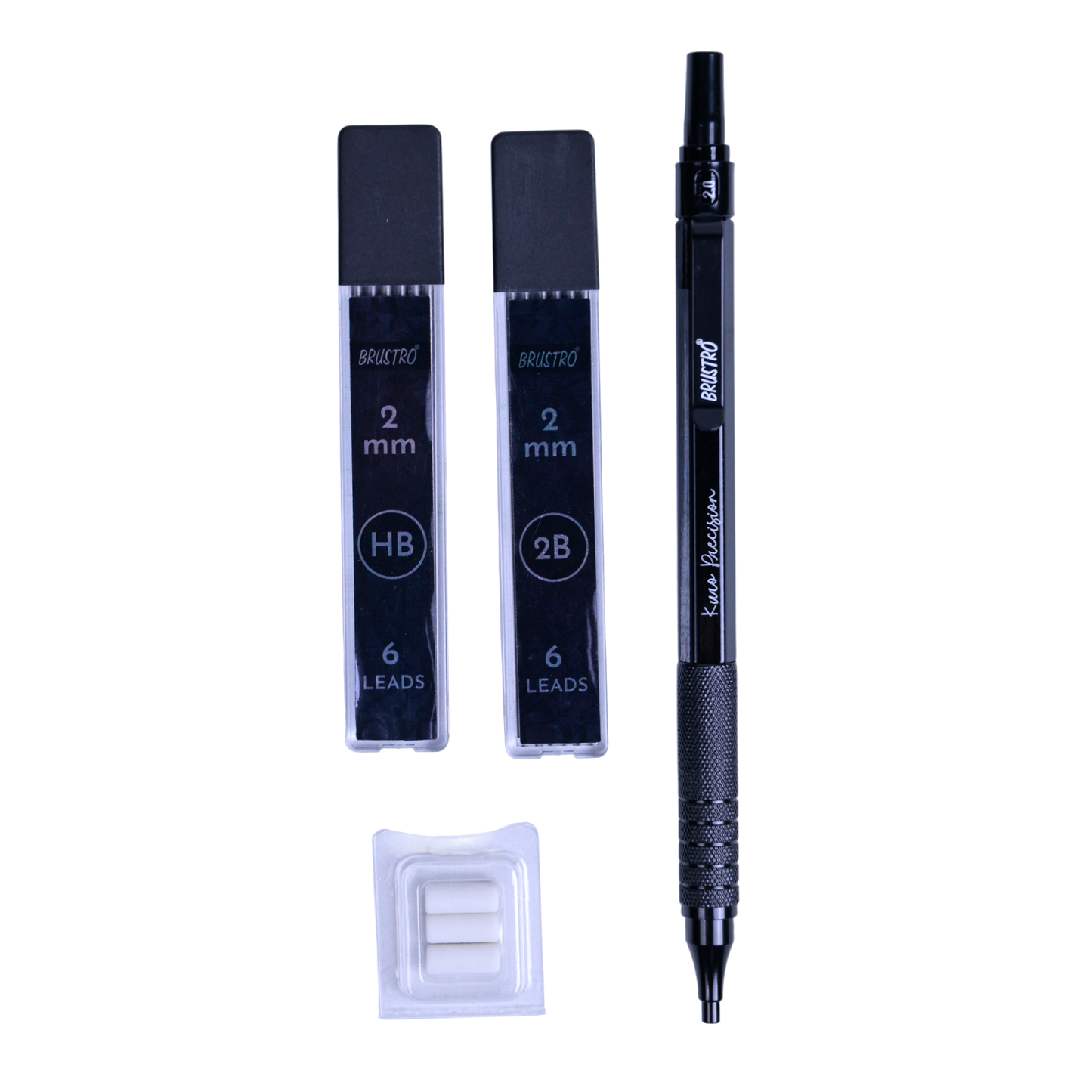 Brustro Kuro Precision Mechanical Pencil |Tip Size- 2mm With 6- HB and 6- 2B Leads , Built-in-Sharpener, 3 Eraser Refill