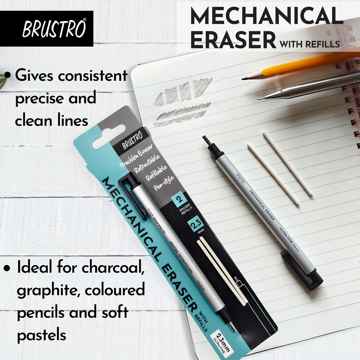 BRUSTRO Mechanical Precision Retractable Eraser | 2.3mm - Ultra-Fine Tip | Refillable