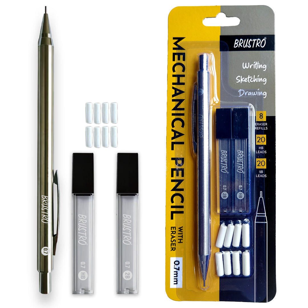 BRUSTRO Mechanical Pencil Set | HB-20 leads, 2B-20 leads,Spare eraser 8 units|Tip size 0.7 mm