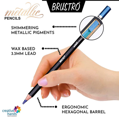 BRUSTRO Artist Metallic Colour Pencil Set of 12 Shades, 3.3mm lead | Wax-based, Ergonommic