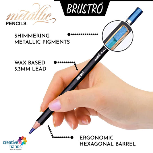 BRUSTRO Artist Metallic Colour Pencil Set of 12 Shades, 3.3mm lead | Wax-based, Ergonommic