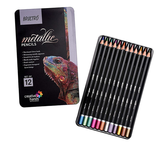 BRUSTRO Artist Metallic Colour Pencil Set of 12 Shades, 3.3mm lead | Wax-based, Ergonommic