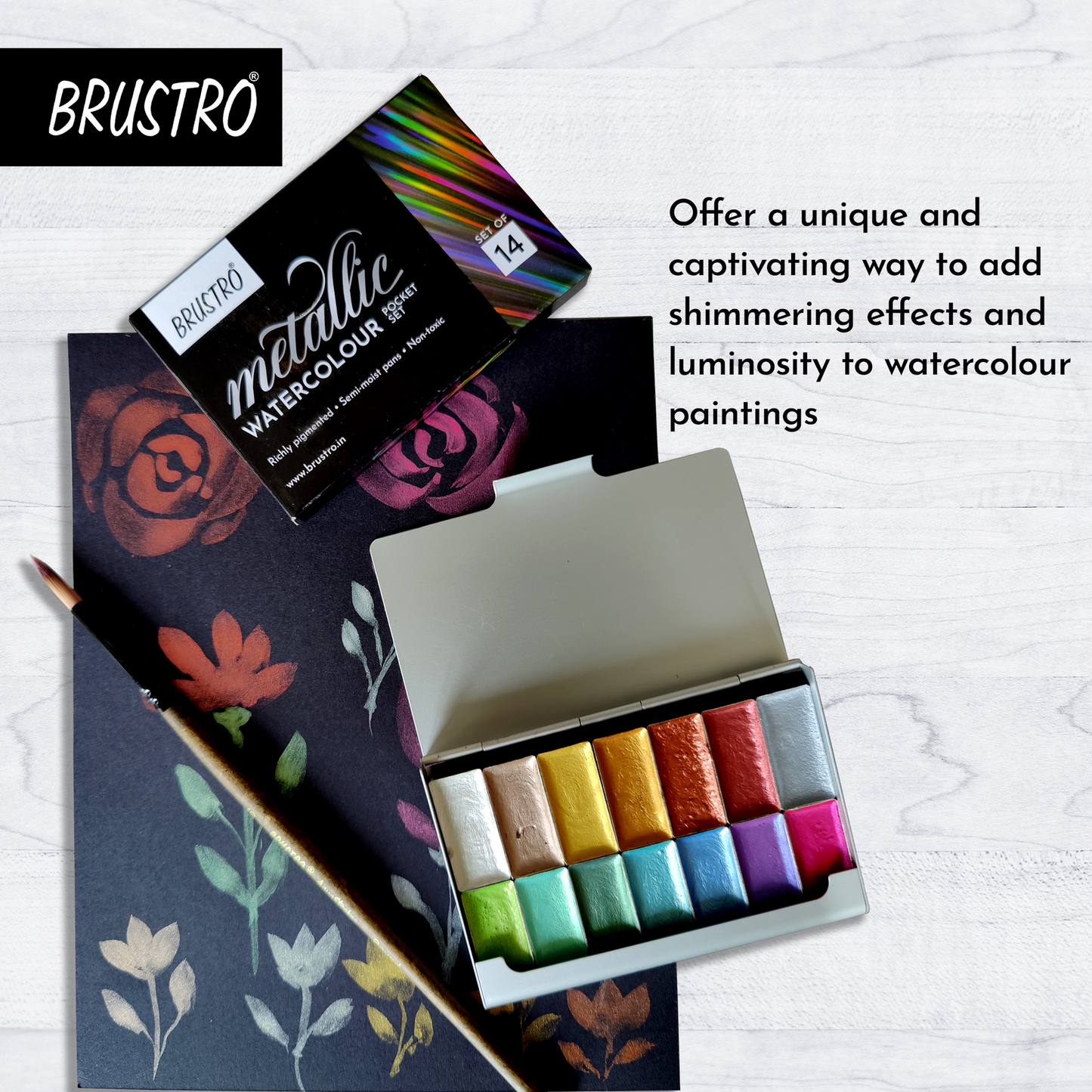 BRUSTRO Artists Metallic Watercolour Pocket Set of 14 Half Pans |Semi Moist Pans