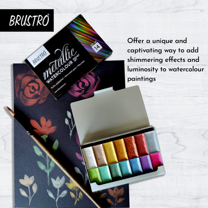 BRUSTRO Artists Metallic Watercolour Pocket Set of 14 Half Pans |Semi Moist Pans
