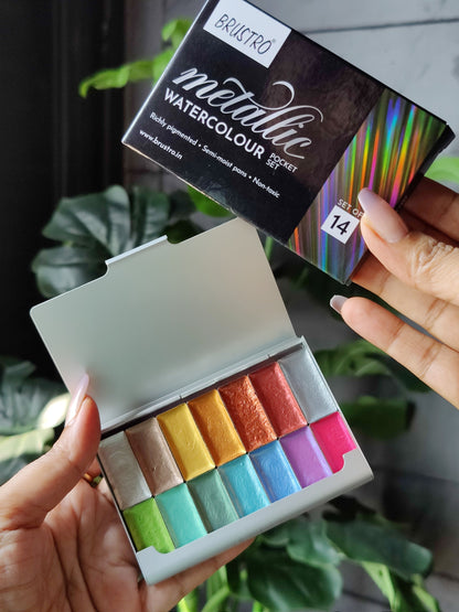BRUSTRO Artists Metallic Watercolour Pocket Set of 14 Half Pans |Semi Moist Pans
