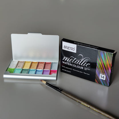 BRUSTRO Artists Metallic Watercolour Pocket Set of 14 Half Pans |Semi Moist Pans